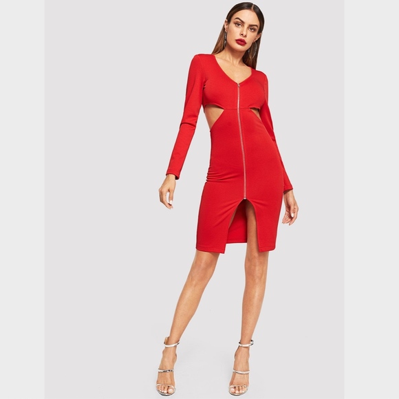 Zip Front Cut Out Slit Bodycon Red Dress Slim - Picture 5 of 7
